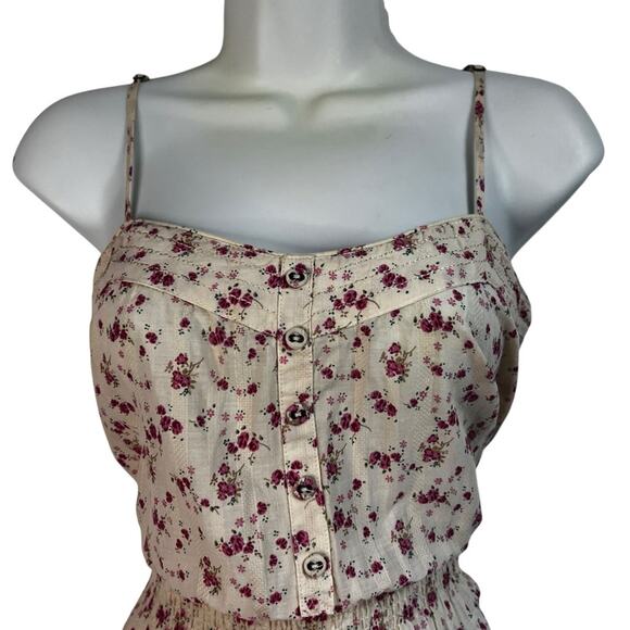 Mango Cream and Pink Ditsy Floral Mini Sundress, Tiers, Eyelet Lace, Size Medium - Picture 2 of 10